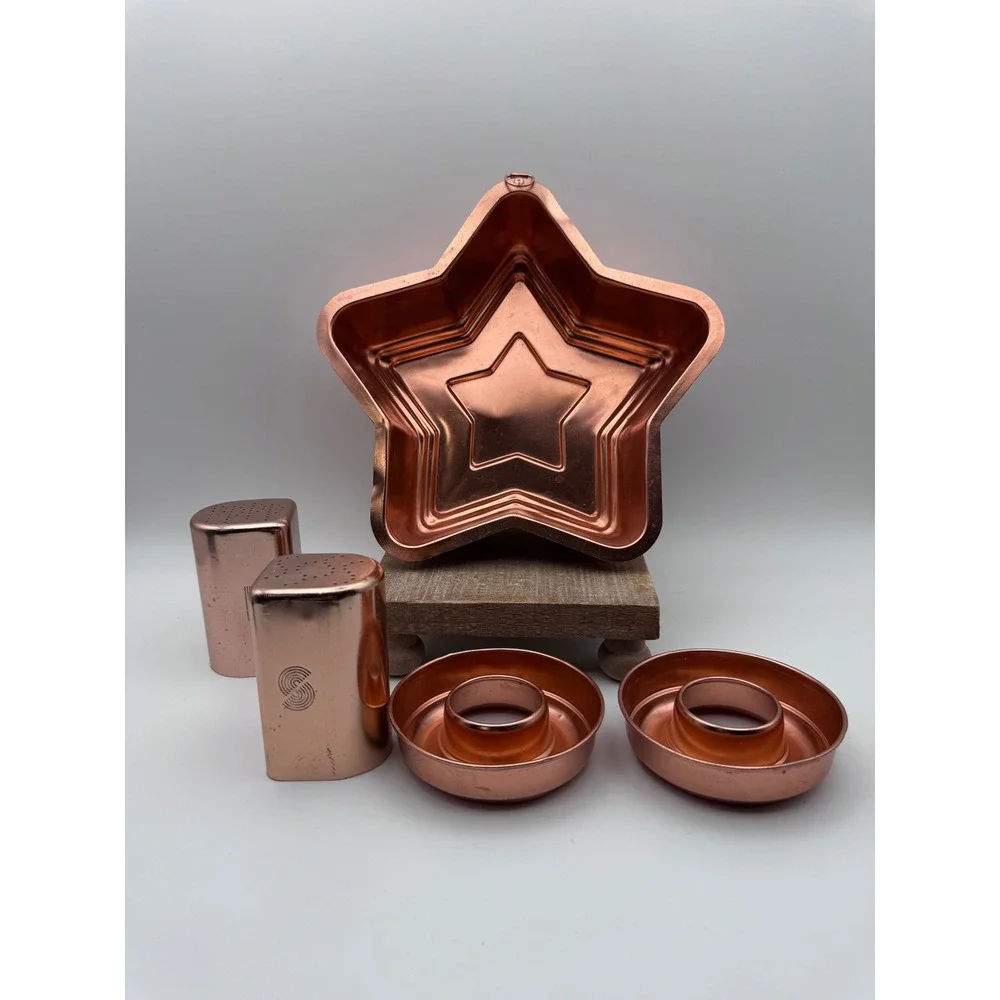 Vintage Copper Toned Kitchen Decor Salt and Pepper Shakers and Gelatin Molds